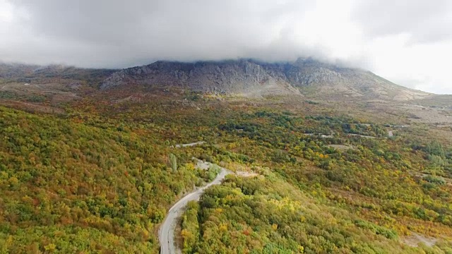 天线:蜿蜒的道路穿过有森林的丘陵地带视频素材