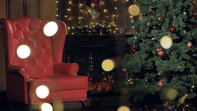 圣诞节室内壁炉。圣诞老人的椅子靠近圣诞树。4 k。视频下载
