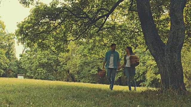 年轻幸福的夫妇享受着大自然中的春日，去野餐。视频购买