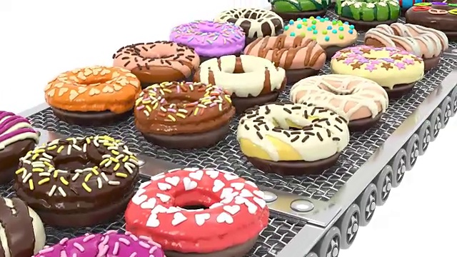 输送带上可循环的彩色甜甜圈前视图(3d渲染)视频素材