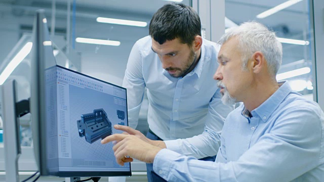 工业设计人员在使用CAD程序时与高级工程师进行讨论，设计新部件。他从事双显示器个人电脑的研究。视频素材