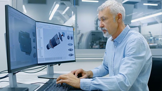 高级工业工程师工作的个人电脑上有两个显示，他正在设计新的高效的发动机CAD程序。办公窗口外组件制造工业工厂是可见的。视频素材