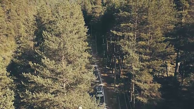 鸟瞰图汽车沿着公路在森林中移动。家庭乘车旅行视频素材