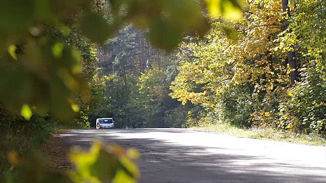 迷你货车在秋天的森林里行驶。视频下载