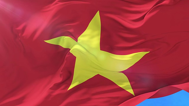 越南国旗迎风飘扬，蓝天环绕视频下载