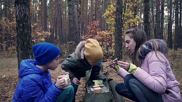 积极的孩子在森林里吃零食和茶视频素材