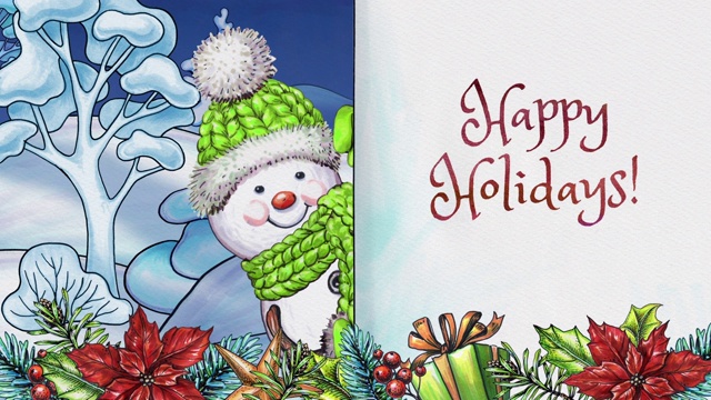 水彩动画卡通雪人，节日快乐贺卡，冬季景观，节日花环和装饰品，手写文字视频下载