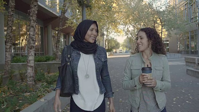 Slo Mo:两个中东女人得体地在市区散步视频下载