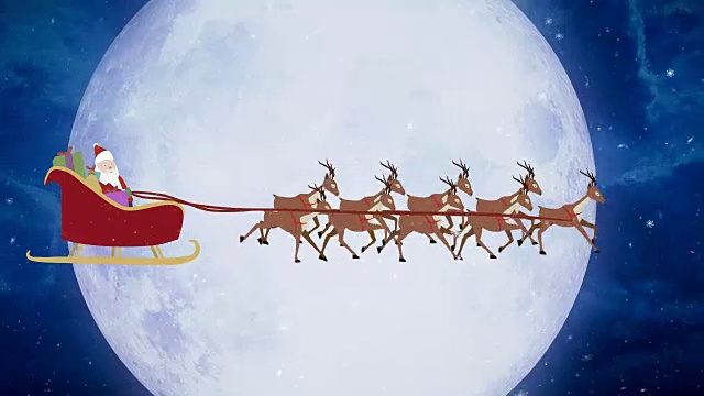 卡通圣诞老人带着驯鹿飞过月亮视频素材