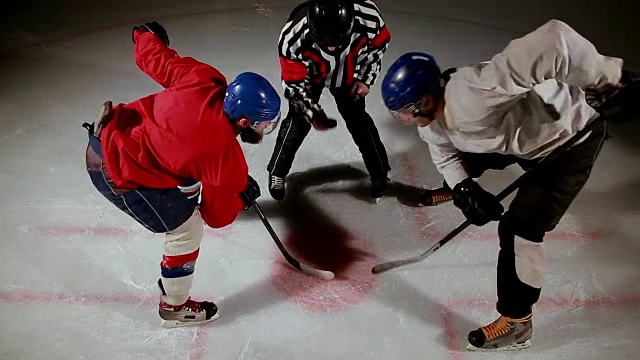 冰球裁判进行了一场对峙，两名球员开始争夺冰球视频素材