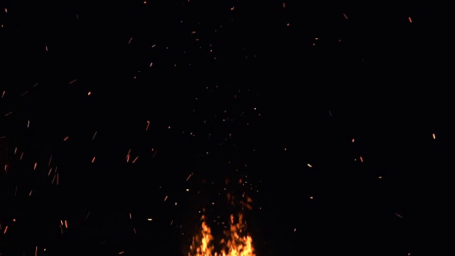 慢动作拍摄的火焰和发光的灰烬颗粒在黑色的背景视频下载
