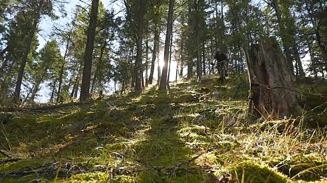 山地自行车手在森林里的一条单行道上骑行。——慢动作视频素材