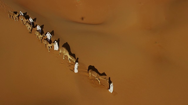 骆驼火车穿越沙漠的空中嗡嗡声视频素材