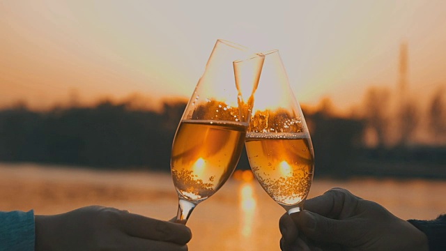 一对夫妇在夕阳下喝香槟视频素材