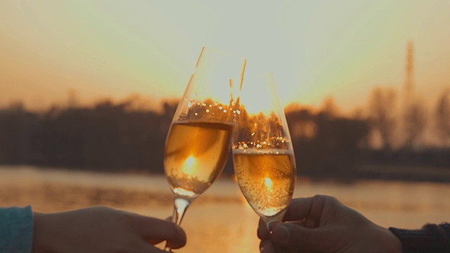 一对夫妇在夕阳下喝香槟视频素材