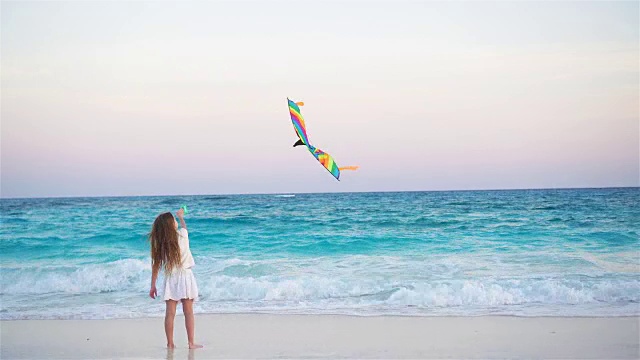 日落时分，小女孩在热带海滩上放风筝。孩子们在海边玩耍。有沙滩玩具的孩子。视频素材
