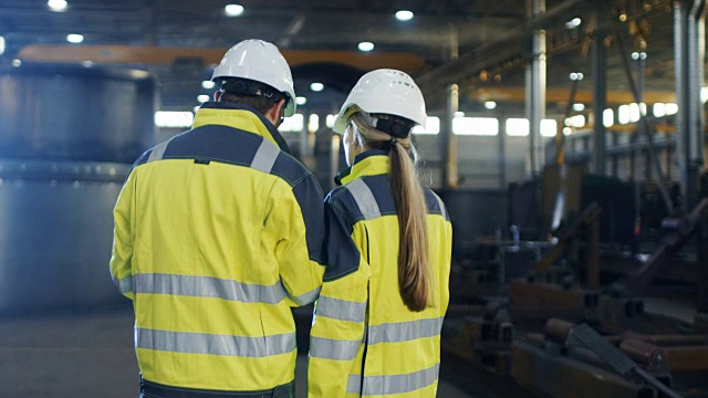 男性和女性工业工程师在重工业制造工厂讨论和使用笔记本电脑的背影照片。他们戴安全帽和安全外套。视频下载