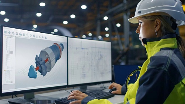 在重工业工厂内，女工业工程师工作在个人电脑上的涡轮/发动机项目在3D使用CAD程序。视频素材
