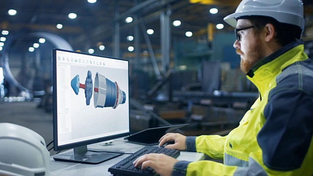 在重工业工厂内部工业工程师工作在个人电脑上设计涡轮/发动机在3D，使用CAD程序。视频素材