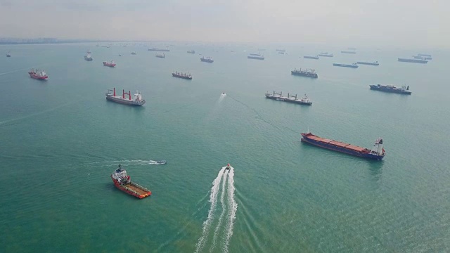 航空货船在海上抛锚停泊。新加坡视频素材