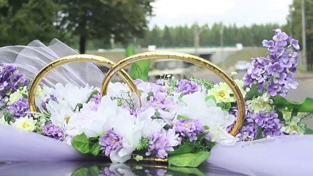 婚礼花束里的紫罗兰紫的花迎风骑在车上，幸福的新婚夫妇视频下载
