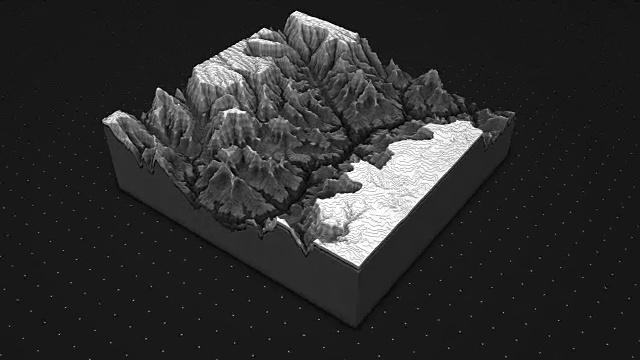 一个土壤切片的3d渲染，山孤立在黑暗的背景。视频素材