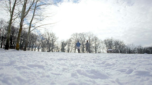 冬季，两对运动员在雪地上跑步，同时在大自然中锻炼。视频素材