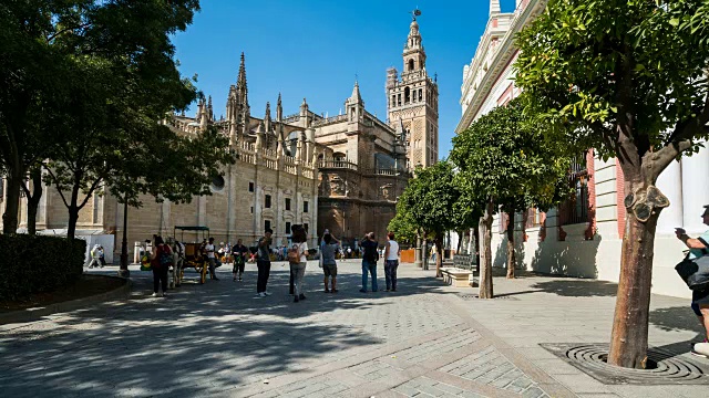 在西班牙塞维利亚大教堂散步的人们视频素材