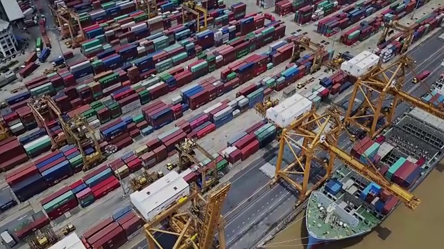集装箱船进出口、商务物流、货物到港鸟瞰图视频素材