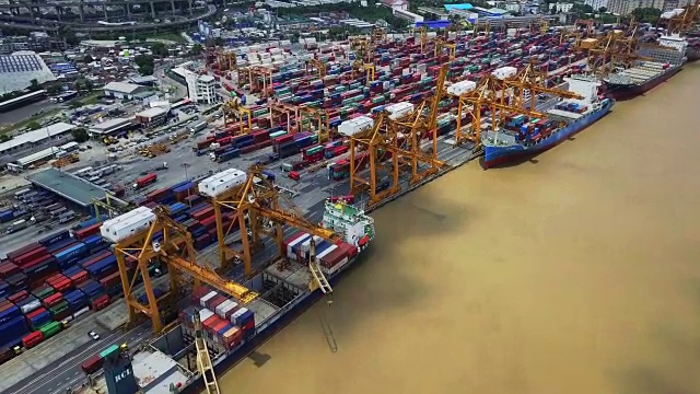 集装箱船进出口、商务物流、货物到港鸟瞰图视频素材