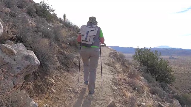 在徒步手杖的帮助下，徒步妇女沿着山路沿着悬崖视频下载