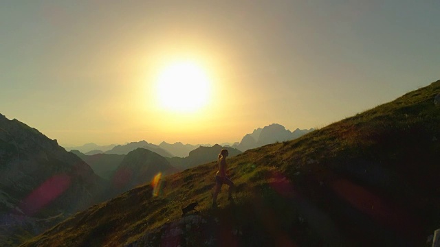 空中剪影:一名徒步旅行者和一只狗爬上长满草的小山，镜头从头顶飞过视频素材