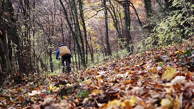 骑自行车的人沿着山路下行的慢动作视频视频素材