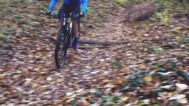 骑自行车的人在林地的小路上骑自行车视频素材