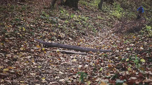 慢镜头男子骑着自行车穿过森林视频素材