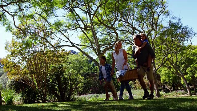 在一个晴朗的日子里，一家人在公园里野餐视频素材