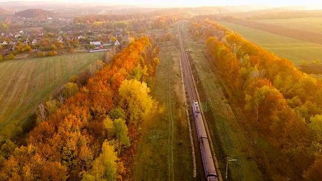 鸟瞰图:火车在树带在农村的景象在秋天。视频素材