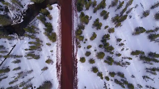 空中4K:自上而下的视图通过树木和雪的乡村道路视频素材