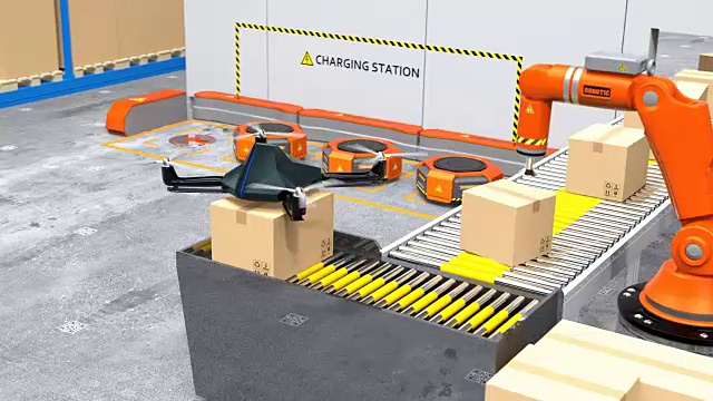配备机械臂、无人机和机器人搬运工的现代化仓库视频素材