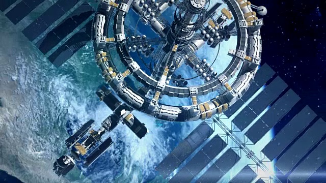 空间站和绕地球飞行的航天飞机。3D动画。视频素材