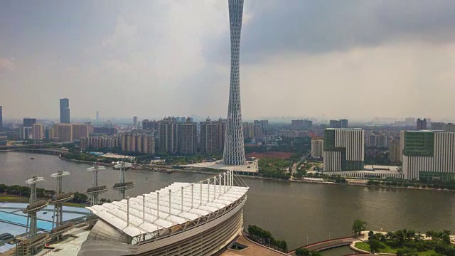 中国白天时间广州市区海心沙岛珠江新城航拍全景图4k时间间隔视频下载