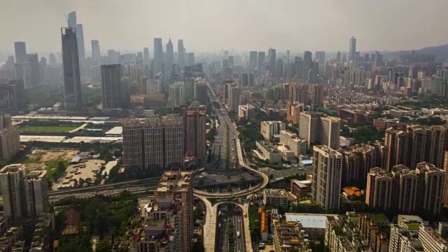 中国阳光日广州市景著名交通路口航拍全景4k时间视频下载