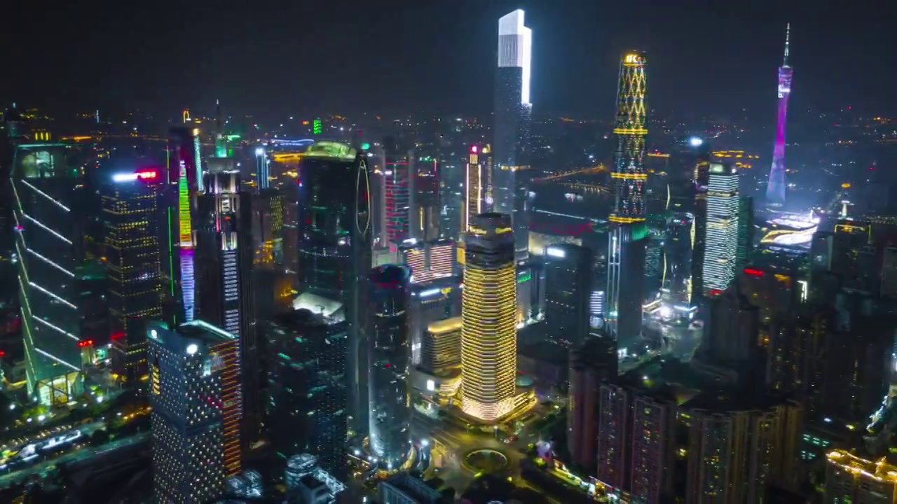 中国夜景时间照亮广州市区著名建筑，航拍全景4k时间视频下载