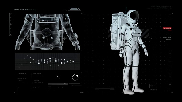 科幻界面展示3D宇航员航天服模型。视频素材