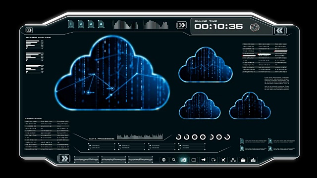 4K动画UI用户界面与云计算机数据HUD pi条文本框表格和元素在黑暗抽象背景的未来技术概念视频下载