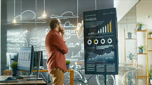 市场营销人员查看交互式触摸屏白板显示最新的图表和统计增长。他在创意办公室工作。视频素材