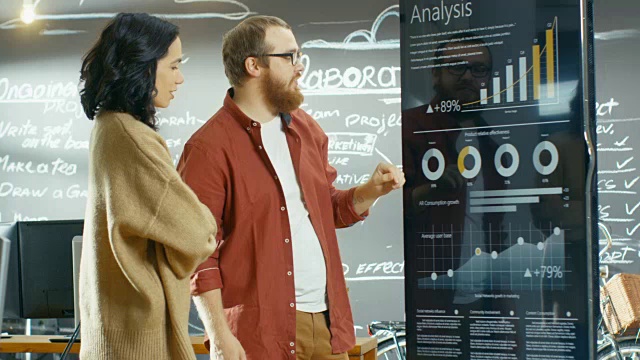 女性开发人员和男性经理使用交互式白板演示触摸屏查看图表、图表和增长统计数据。他们在时尚创意工作室工作。视频素材