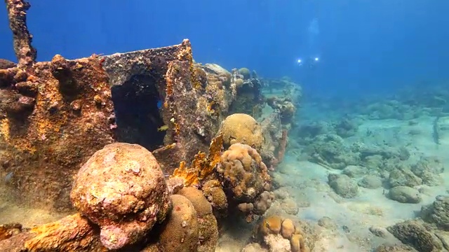 船失事'拖船'在加勒比海珊瑚礁附近库拉索岛视频素材