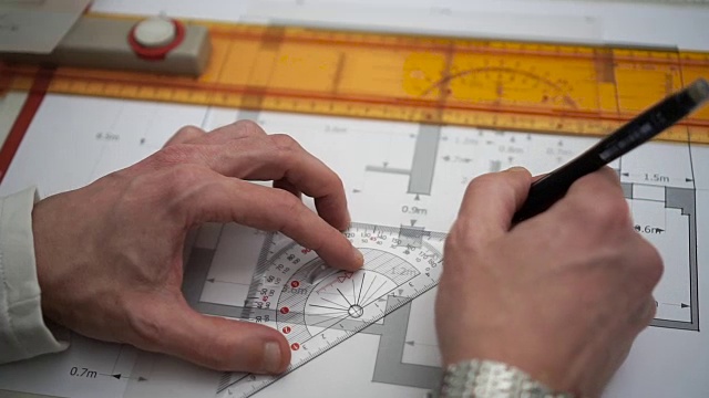 工程师用铅笔和尺子在描图纸上画几何形状视频素材