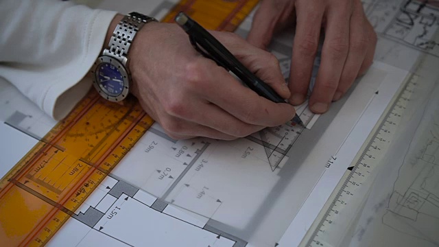 工程师在工作时用铅笔和尺子绘制平面图、图表视频下载